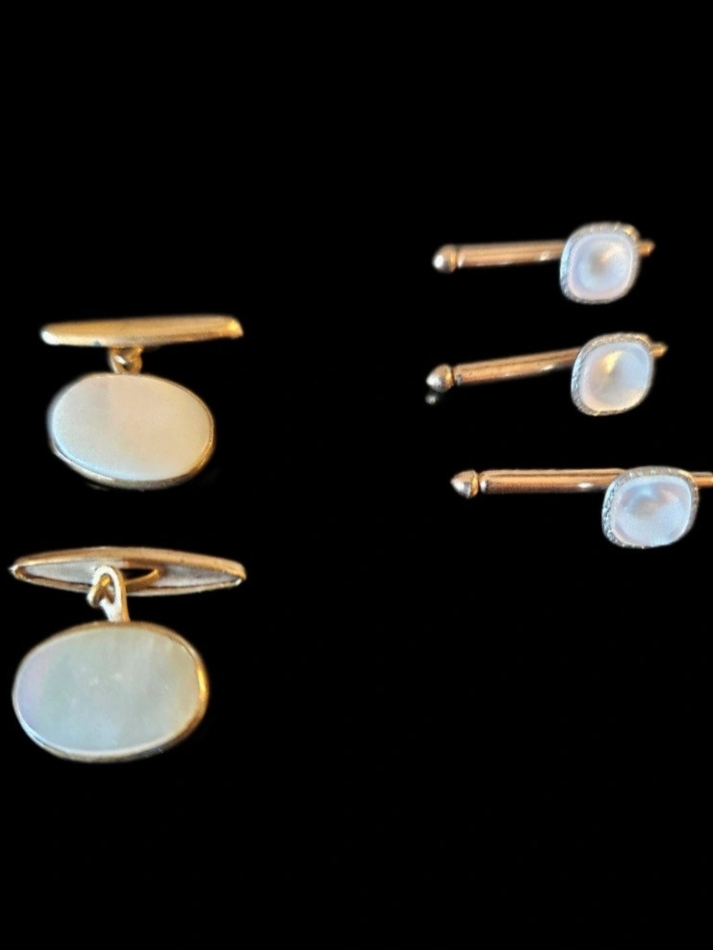 Vintage SWANK Mother of Pearl Tuxedo Set Gold Cufflinks & 3 Shirt Studs